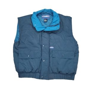 Vintage White Sierra Down Vest Size L Blue Snap Button And Zipper. Button Pocket